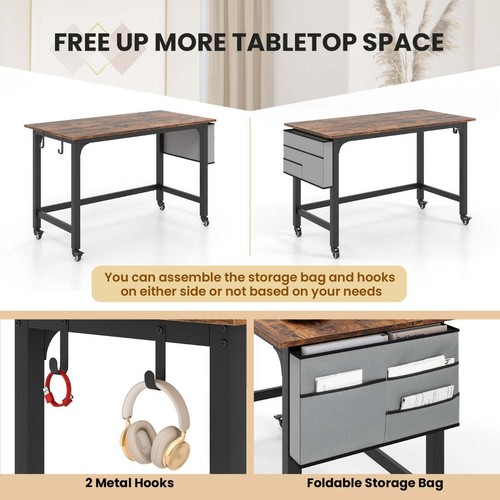Costway Mobile Computer Desk 120cm Home Office Desk with Storage Bag-Rustic B... - Picture 9 of 10