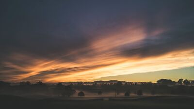 Landscape nature clouds sunrise mist trees forest hills Custom Gaming Mat Desk