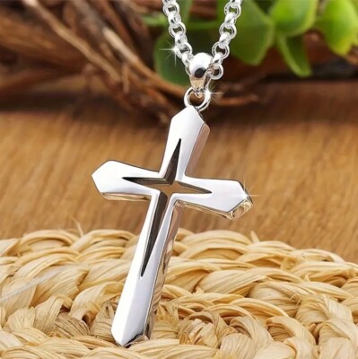 Collana Con Croce E Pietre Bianche, Unisex, In Metallo, Girocollo Semplice, Regalo Religioso