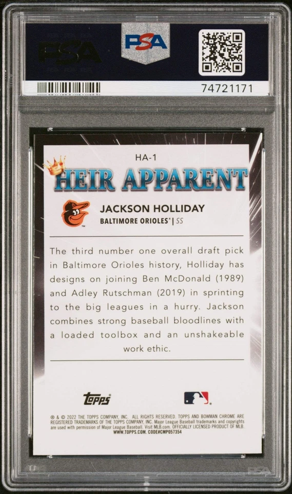 Graded 2022 Bowman Jackson Holliday #HA1 Heir Apparent RC Baseball Card PSA 10 - Image 2 of 2