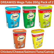 Dreamies MegaTub Cat Treats 2x350g  Packs Salmon/Chicken/Cheese/Catnip/Tuna