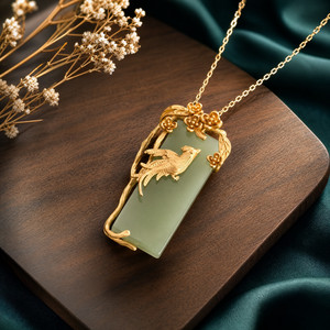 Authentic Phoenix Bird Jade Pendant Charm Necklace 18K Gold Plated Chain Dainty Gemstone