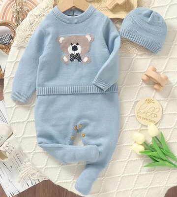 NEW Blue Sweater Outfit Set Sweater Pants Baby Boy Hat Knit Button Gift 19