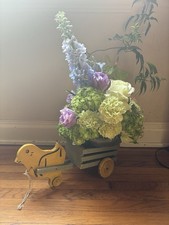 ANTIQUE WOODEN HANDMADE BABY CHICK PULLING WAGON PULL TOY RARE EASTER  DECOR