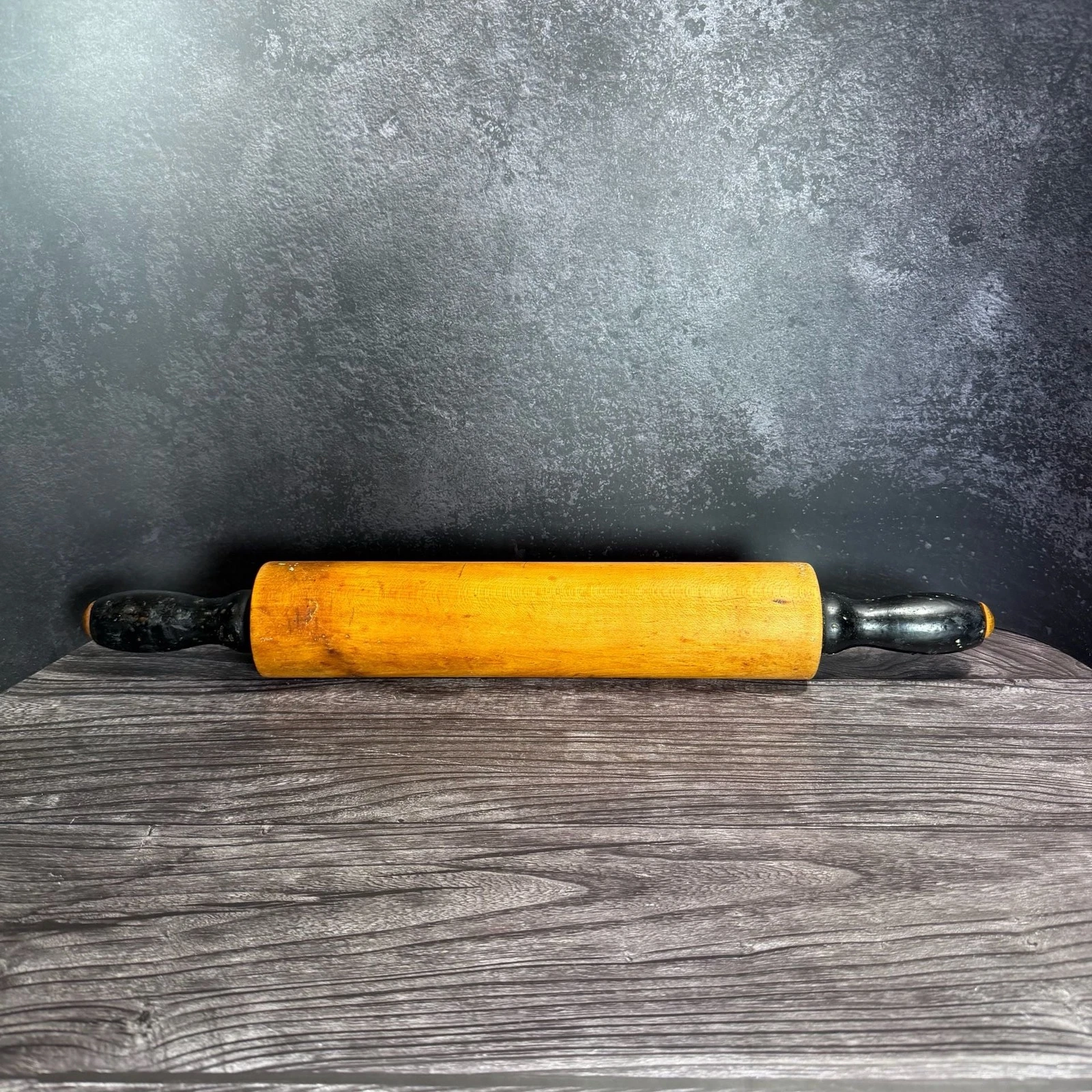 Vintage Hand-Turned Wood Rolling Pin with Black Painted Handles 19”