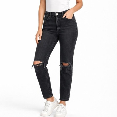 Bershka High Waist Straight Leg Jeans Distressed Black Denim Women's 6