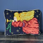 Needlepoint Christmas Pillow Angel Horn Stars Red Velvet Backing Decor 10x7