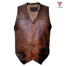 Mens 10 Pockets Concealed Carry Retro Brown Buffalo Hide Leather Vest Side Laces