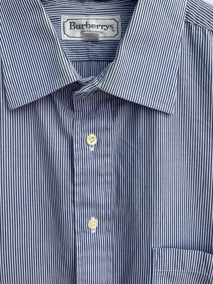 Camisa de Vestir Burberrys of London 16.5-32 Hecha en EE. UU. Azul Blanco Rayas 100% Algodón #C9 Foto 3 de 4