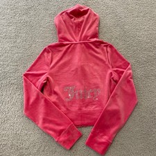 Juicy Couture Velour Hoodie Womens Small Hot Pink Cropped Rhinestone Full Zip