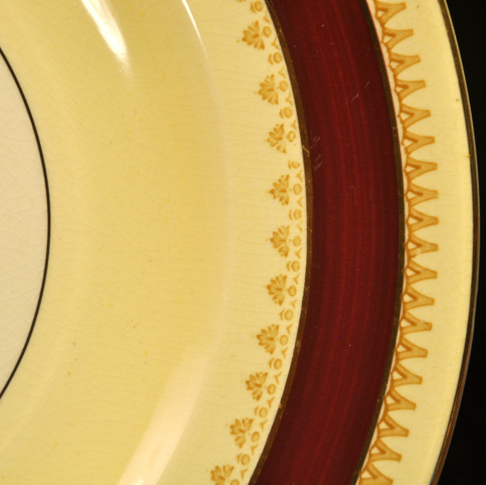 Wood & Sons 4 Plates 10 3/4" Ironstone Yellow Maroon Band Roses w/Gold 1907-1910