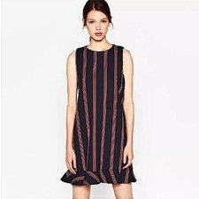 Zara Academia Trafaluc Navy Blue Striped Mini Short Sleeveless Dress, L