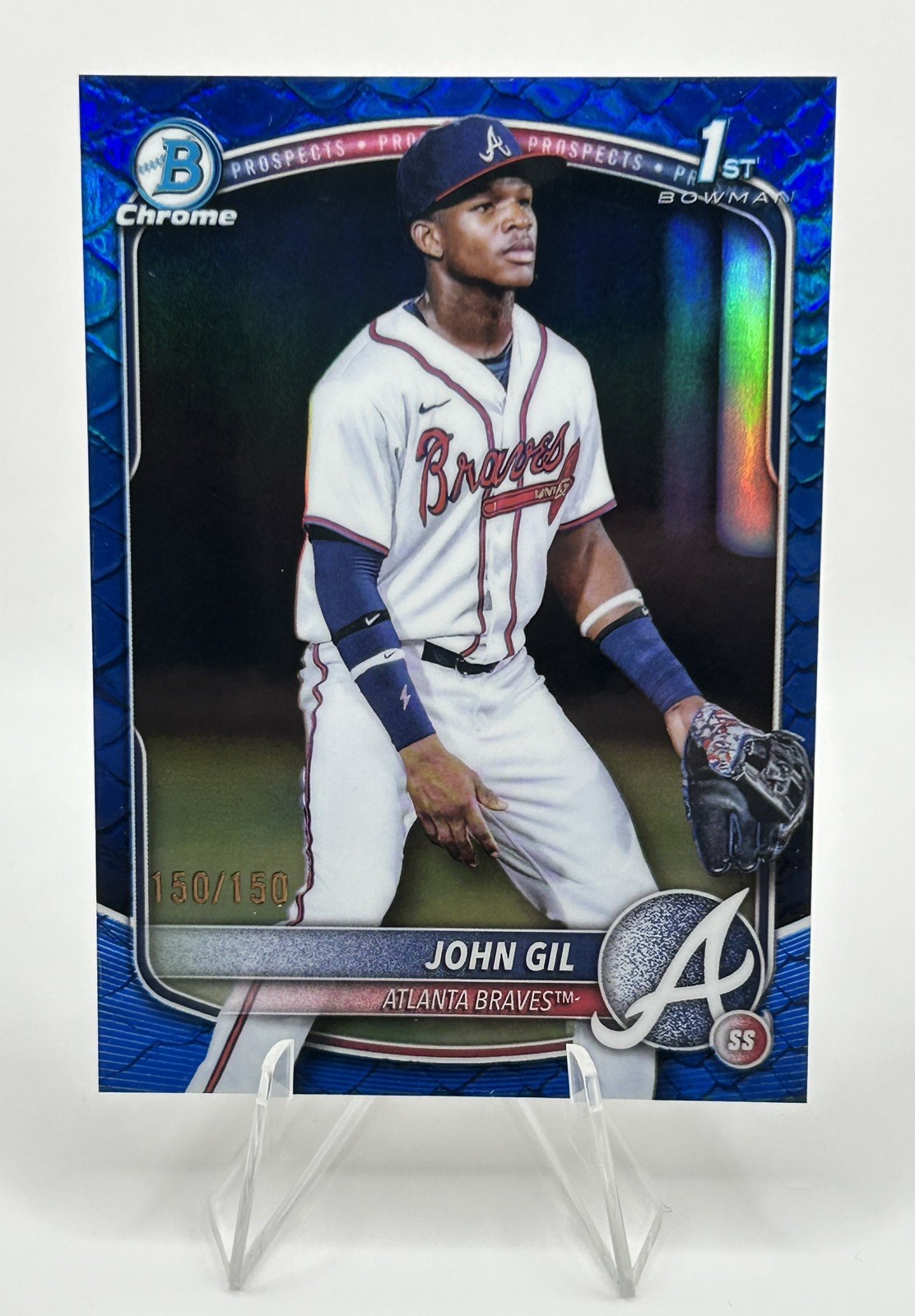 2025 BOWMAN CHROME 1ST BLUE REPTILIAN REFRACTOR JOHN GIL 150/150 BOOKEND BRAVES 