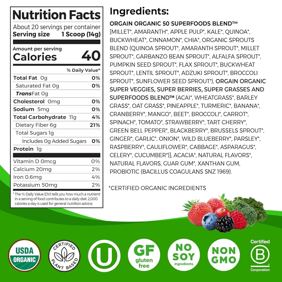 Orgain Organic Greens Powder Berry-50 superalimentos, probióticos, vegano, sin gluten Foto 2 de 4