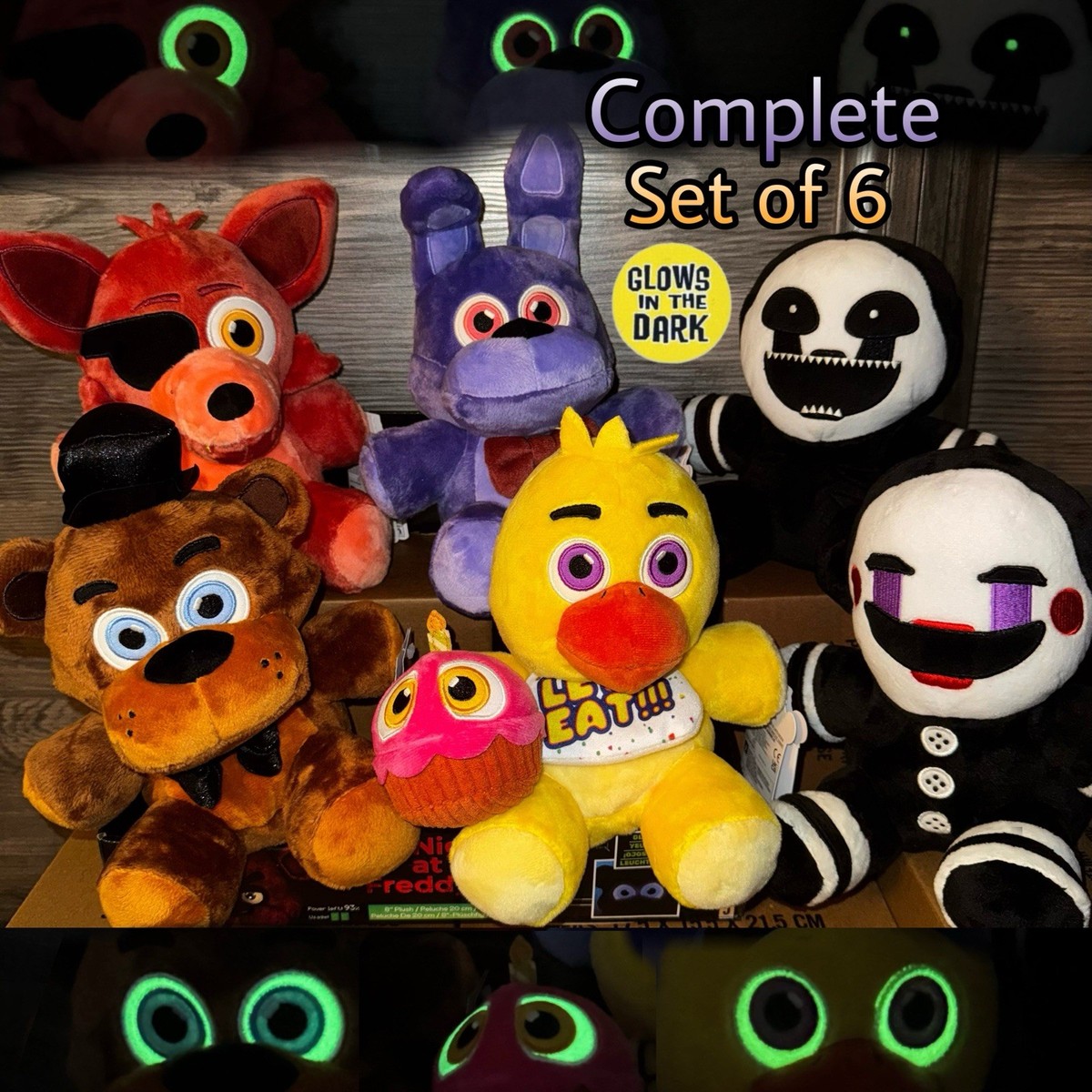 Complete Set of 6 Five Nights at Freddy's Jazwares Plush Glow Eyes
