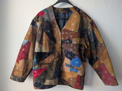 Unikat Retro Patchwork Ziegenleder Jacke M. Bunte Stickerei Gr.38