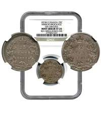 1874H Canada 25 Cents, MINT ERROR, Brockage on Obv, Misaligned Die Rev-NGC VF20