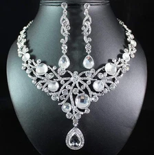 MOON LIGHT CLEAR AUSTRIAN RHINESTONE NECKLACE EARRINGS SET BRIDAL WEDDING N1666C