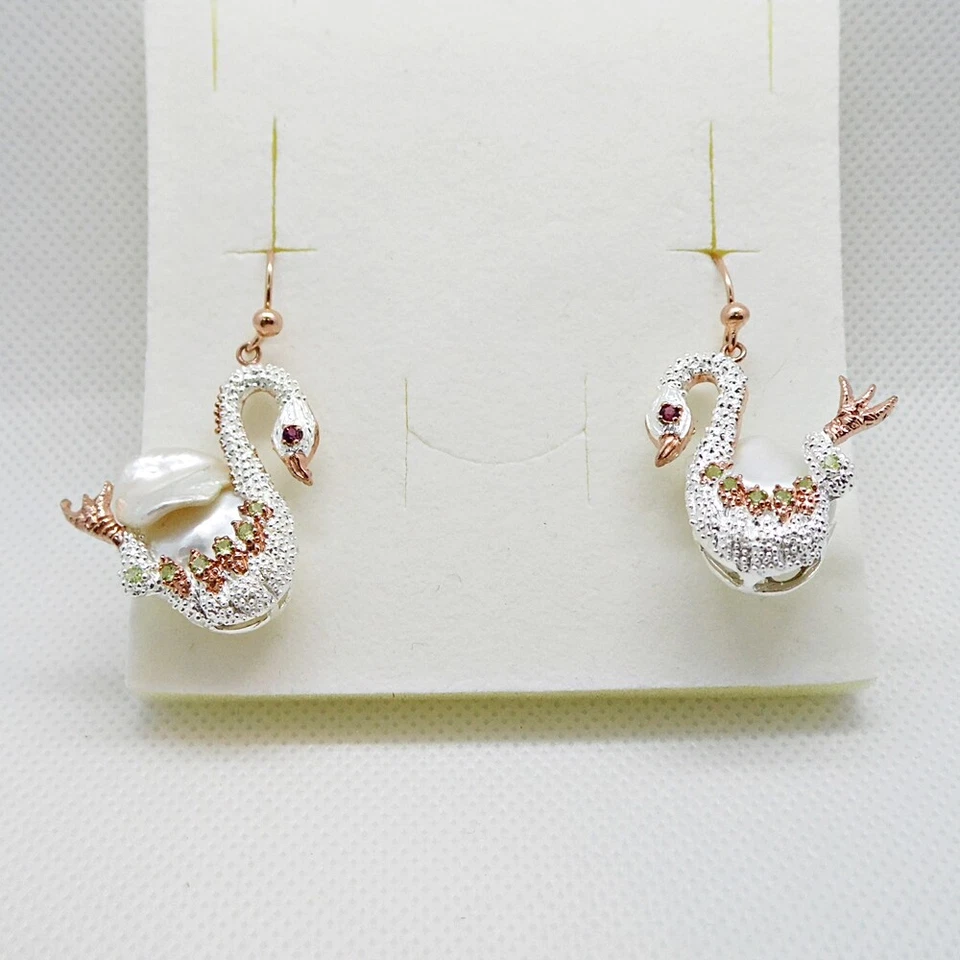 Perle Rhodolith Peridot Ohrhänger SCHWAN 925 Silber 585 Roségold vergoldet - Bild 2 von 4