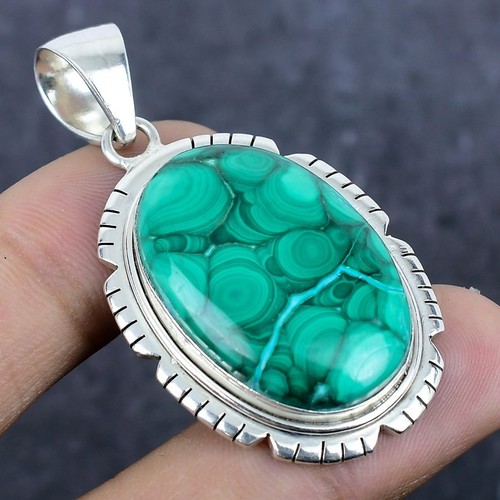 Natural Malachite Gemstone 925 Sterling Silver Jewelry Pendant 2.05" Gift N789 - Picture 2 of 7