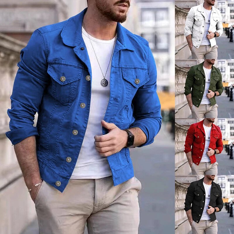 Man Casual Faded Denim Jean Jacket Button Up Cotton Slim Punk Coat Workwear