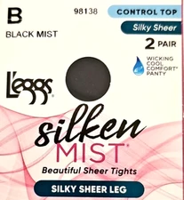 2 Pair Leggs Silken Mist Black Mist Control Top Pantyhose