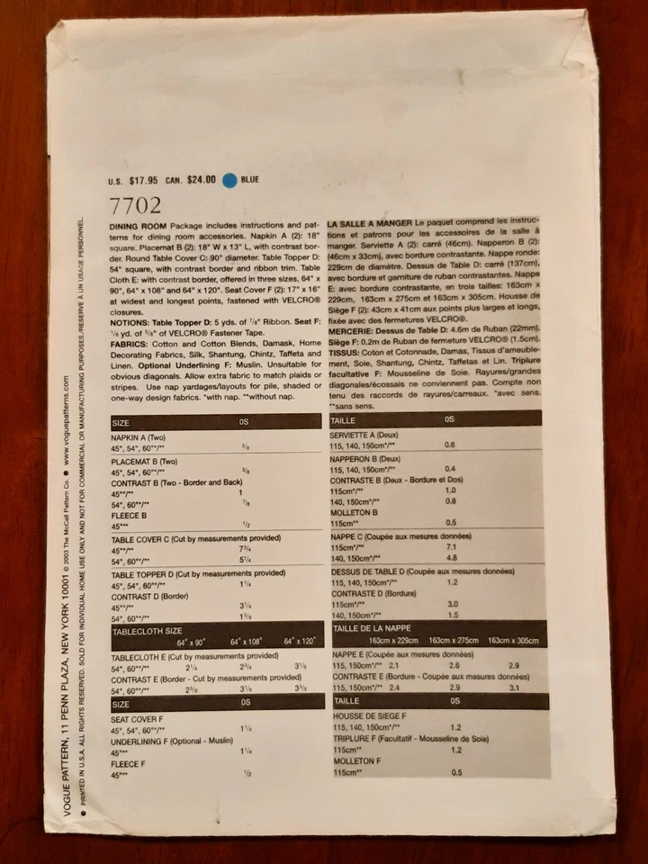 VOGUE PATTERN - 7702 DINING DECOR TABLECLOTH SEAT COVER PLACEMAT NAPKIN UNCUT - Image 2 of 2