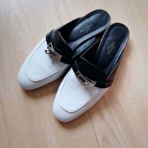 Hermes White Black Oz KELLY Leather Loafer Slipper Flat Shoe Mule Size 36.5 37 - Afbeelding 1 van 5