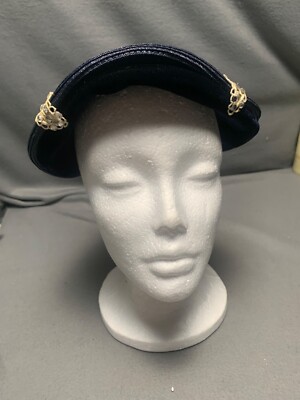 Vintage 1960s Navy Blue Velvet & Straw Hat with Gold  display picture 3