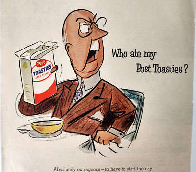 Who Ate My Post Toasties Man Cereal Vtg 1955 Ad Magazine Print Corn Flakes Box