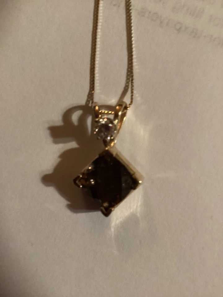 Бриллиант 1/4 карата с большим дымчатым топазом в тяжелой золотой оправе на золотой цепочке 9 дюймов - Изображение 3 из 4