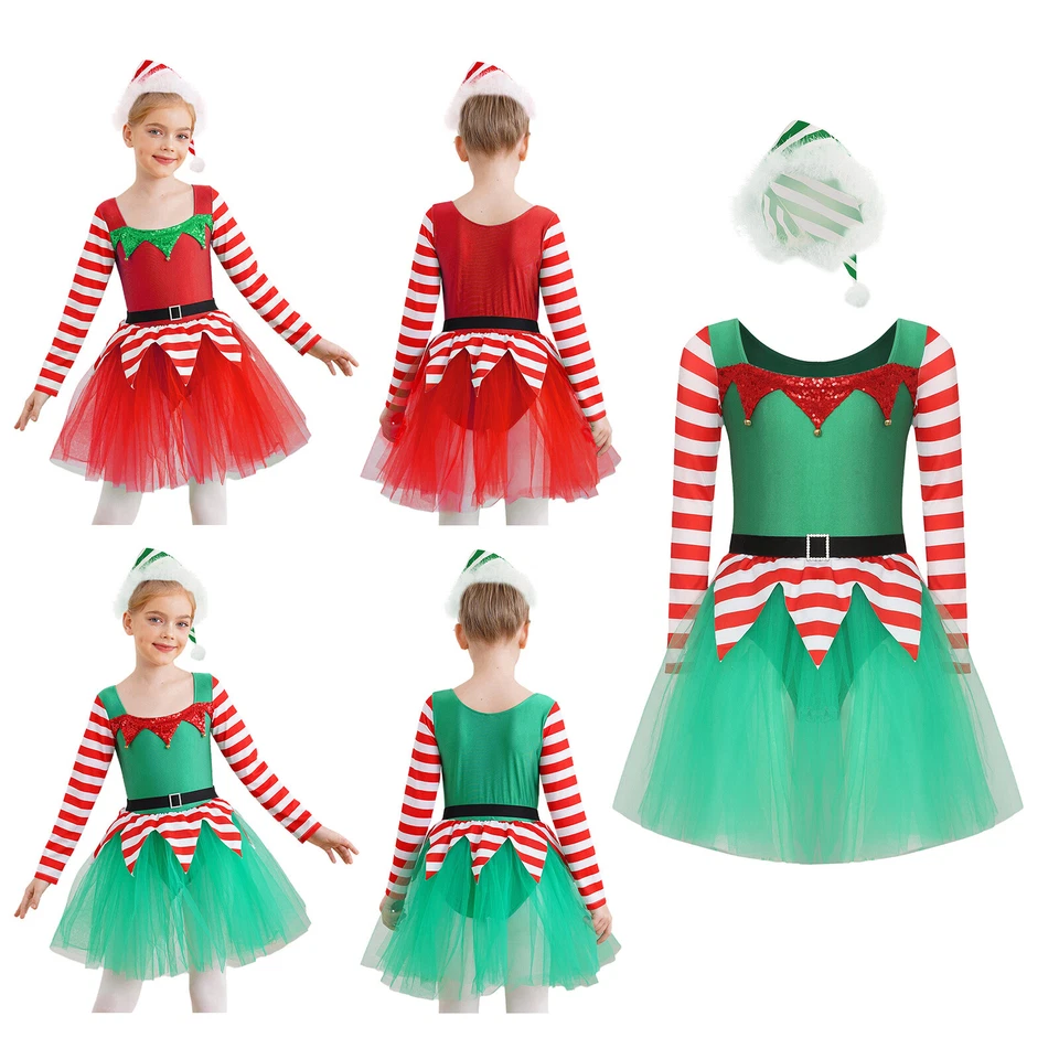 Niñas Navidad Elfo Disfraz Bastón de Caramelo Rayas Vestido Trajes Fiesta de Navidad Vestir Foto 3 de 4