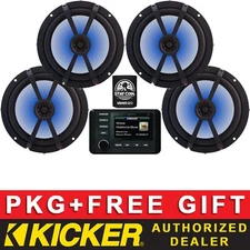 KICKER KMC4 DIGITAL MEDIA RECEIVER MARINE AUDIO PACKAGE+8" LED SPEAKERS 2 PAIRS