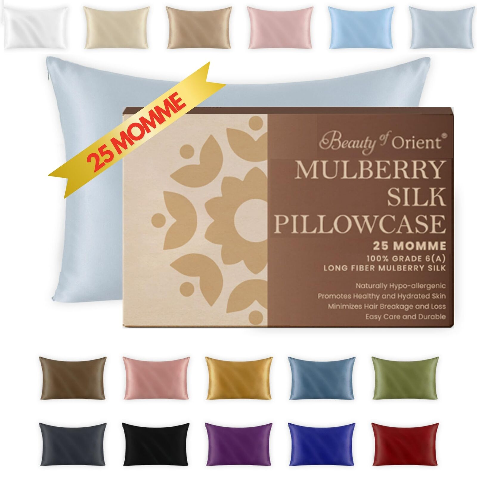 Beauty of Orient 25 Momme Premium Mulberry Silk Pillowcase for Hair and Skin ...