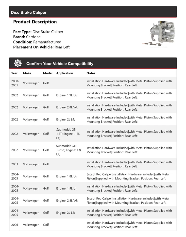 Pinza de freno de disco trasera izquierda cardone 2001 2002 para Volkswagen Golf 2000-2006 Foto 2 de 4
