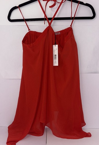 Alice + Olivia Top XS Tish Chiffon Halter Backless Stretchy Silk Tank Poppy Red - Picture 2 of 7