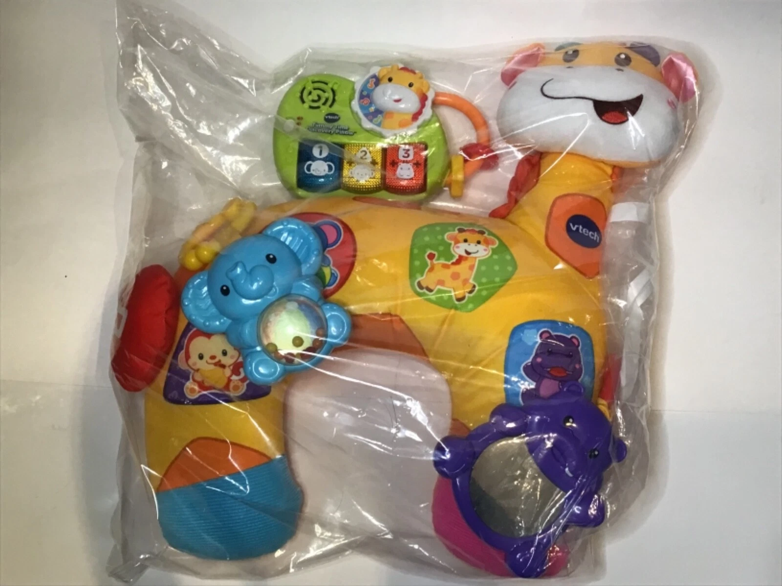 V Tech Tummy Time Discovery Pillow With Music Yellow Giraffe, Elephant and Hippo