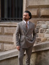 Premium Mens Double Breasted Suit Slim Italian Style Punto Stitching milk coffee