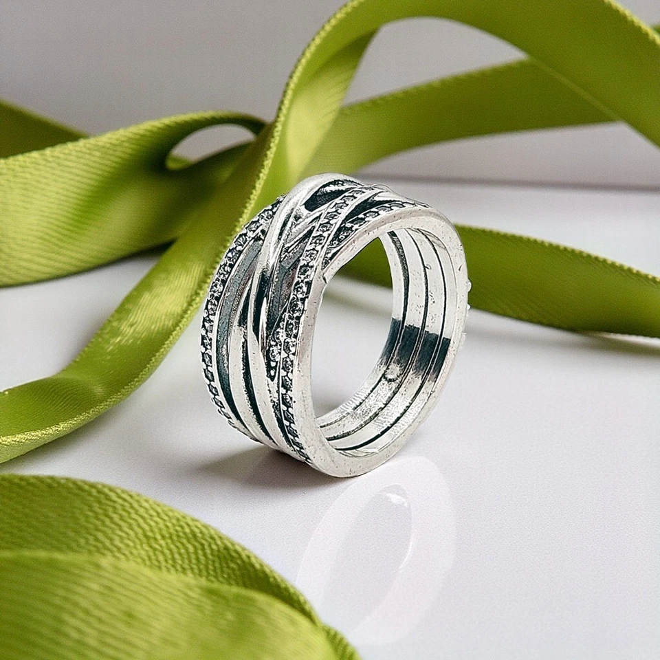 Anillo Líneas Brillantes y Pulidas, Anillo Cruzado de Plata, Regalo Joyería Declaración Foto 3 de 4