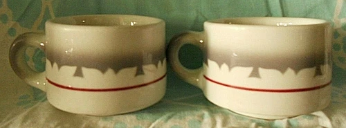 Pair Airbrushed Maroon Gray Jackson China Restaurant Ware Stackable Coffee Cups 