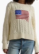 Polo Ralph Lauren Aran Stitch American Flag Cotton Crewneck Sweater Ivory...