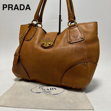 PRADA Logo Hardware Handbag Tote One Shoulder Bag Leather Brown