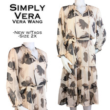 Simply Vera Wang Midi Dress 2X Brown Beige Floral Tiered Ruffled High Low NEW