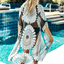 Cupshe L Black Bohemian Lace Crochet Kimono-Style Swim Coverup Sheer Embroide
