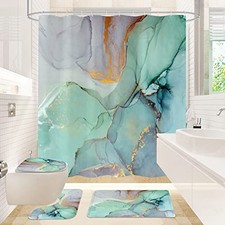4 Pcs Shower Curtain Set with Non-Slip Rugs Toilet Lid Cover and Bath Green