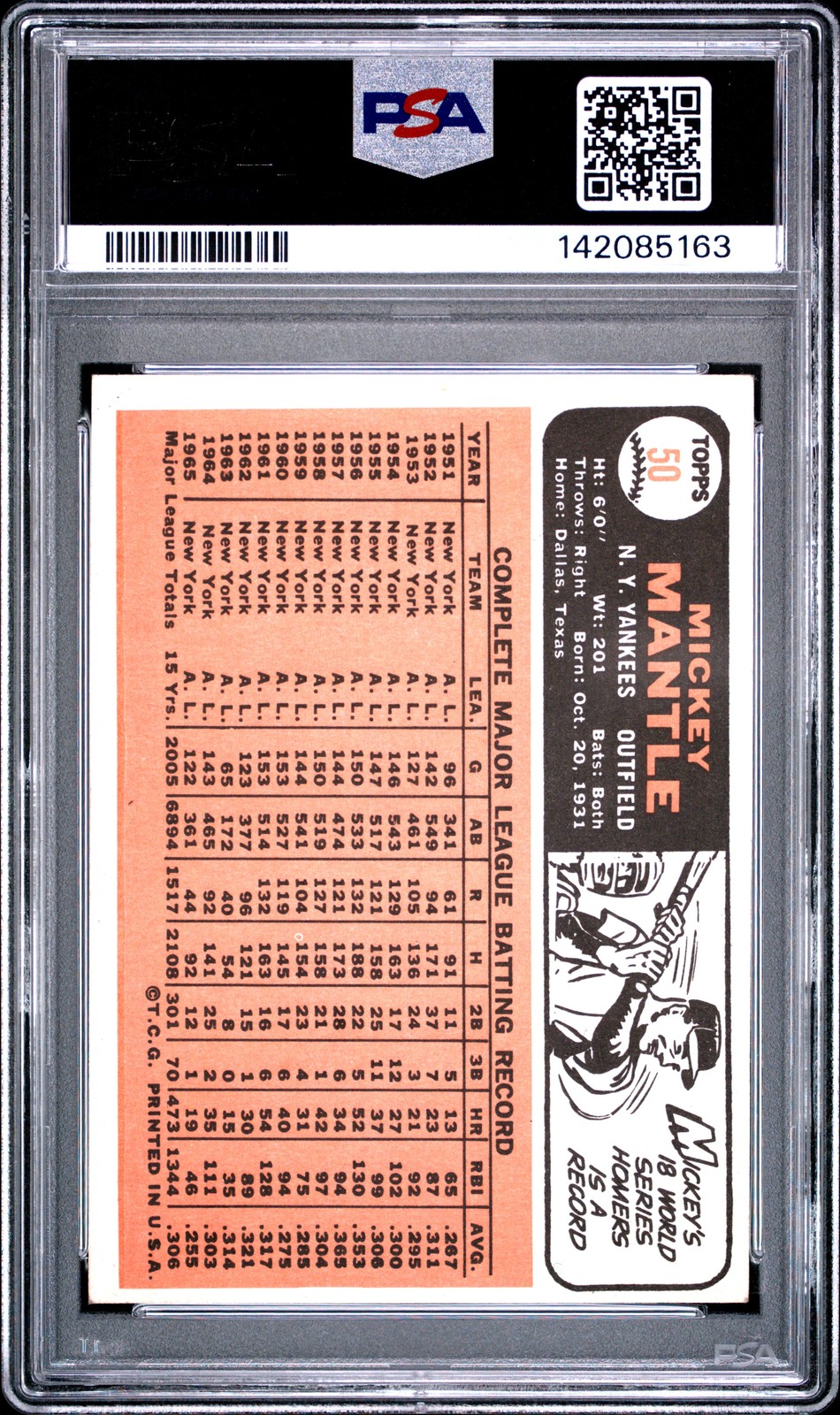 1966 TOPPS #50 MICKEY MANTLE PSA 4 view 2