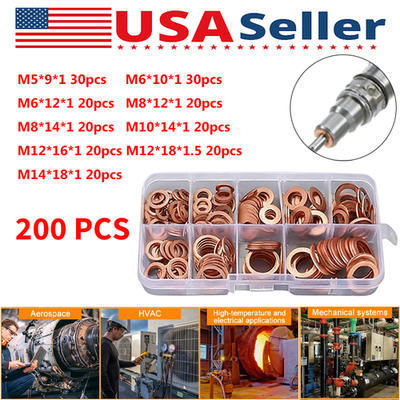 #ad 200 PCS Solid Copper Crush Washer Gasket Set Assortment Flat O Ring Seal Kit $9.99