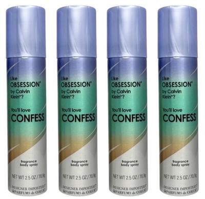 (4) Designer Imposters CONFESS Fragrance Body Spray Parfums De Coeur 2.5 oz New