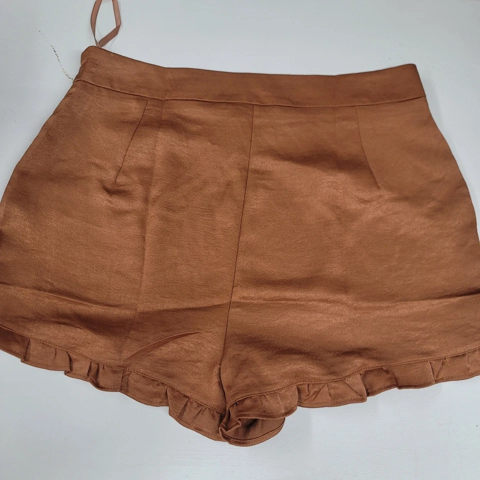 Pantalones Cortos Coletta Dobladillo con Volantes Marrón Cobre Cintura Alta Informales Verano Para Mujer Grandes Foto 2 de 4