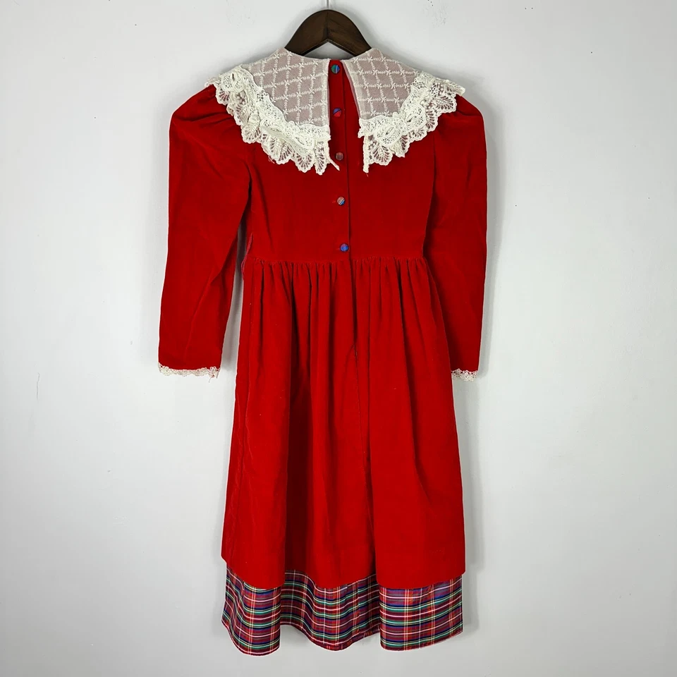 Vestido Sarah Kent Niña 7 Rojo Terciopelo Encaje Cuello Cuadros Victoriano Casa de Navidad Foto 2 de 4